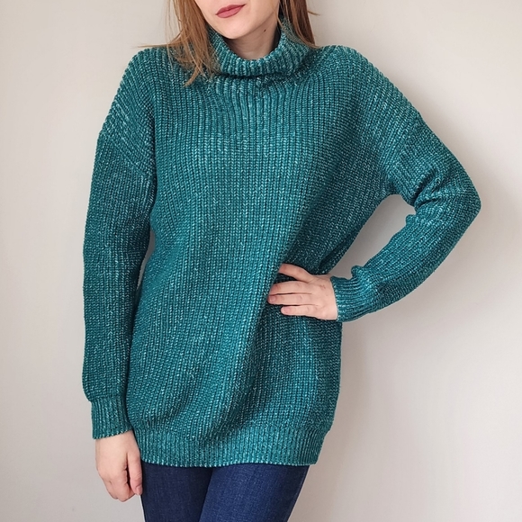 Cooperative Teal White Marled Knit Tunic Sweater M Mock Neck UO Oversized - Picture 1 of 11
